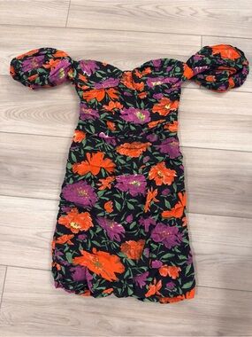 Zara Black Mini Dress with Orange and Purple Floral Print